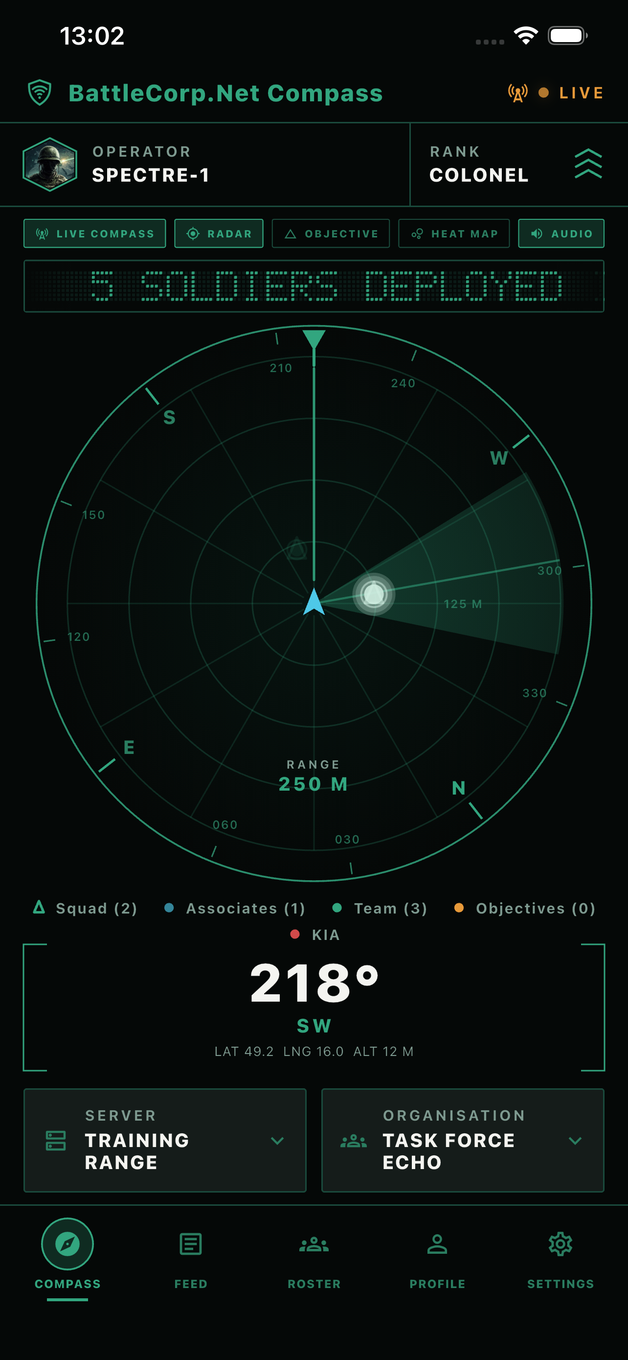 Live radar with organisation colleagues and heading.